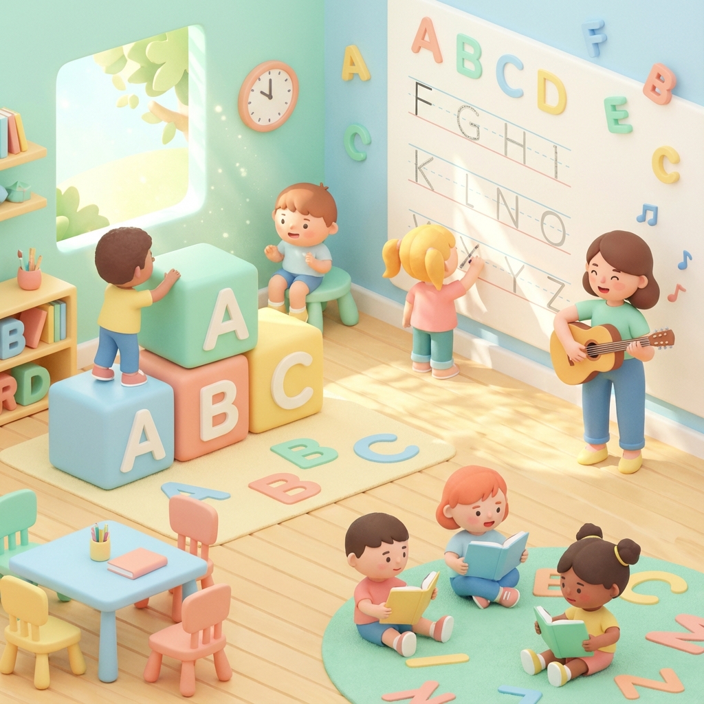 Children learning ABCs in classroom