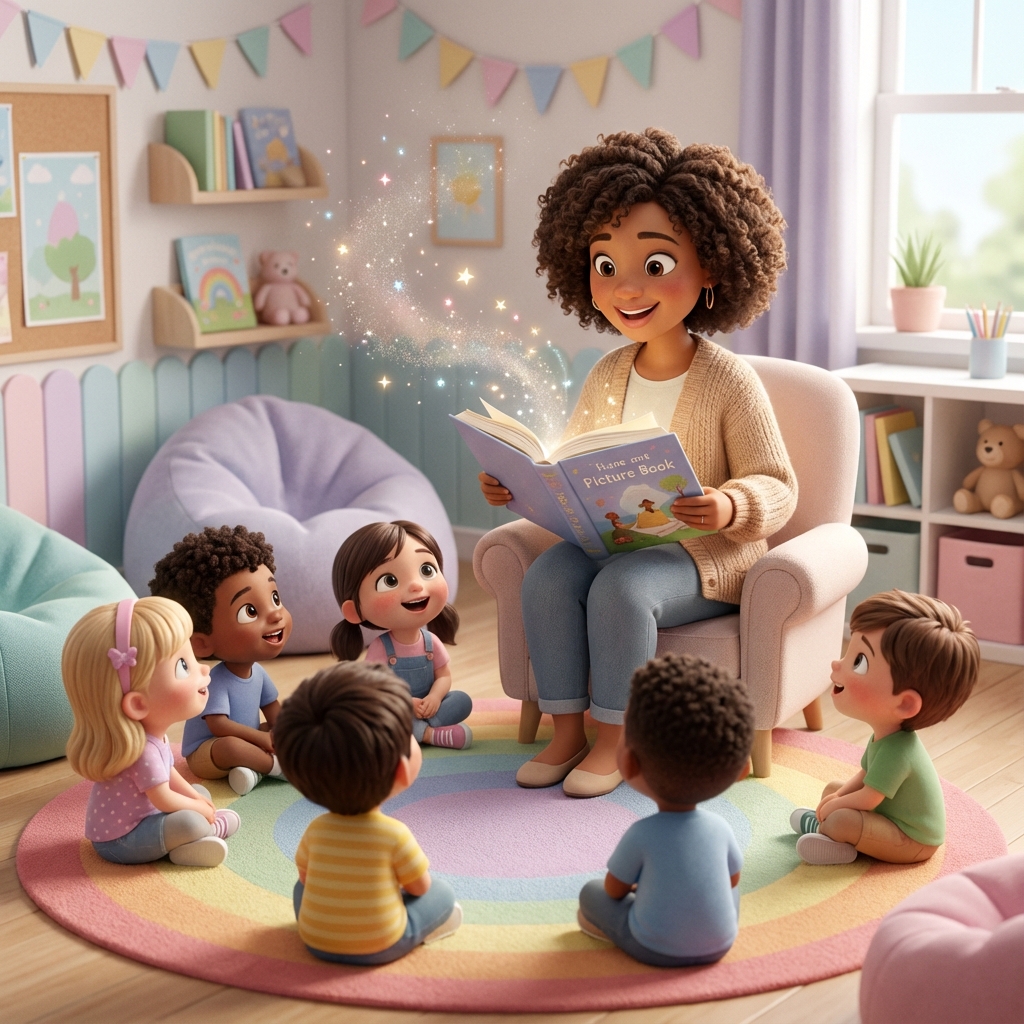 Teacher reading storybook to kids